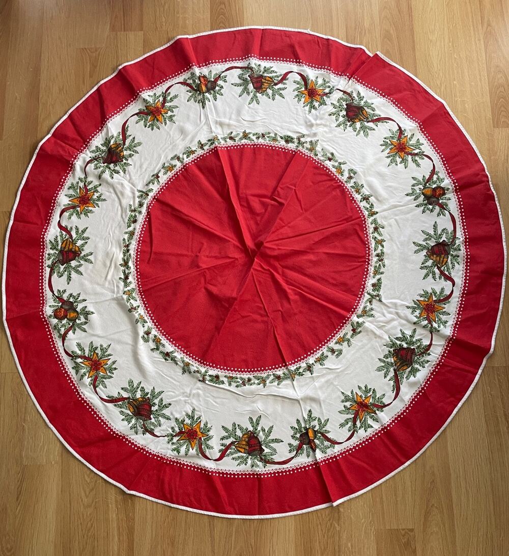 Vintage Christmas Tablecloth 54" Round Bells Pine Boughs Stars Red Border MCM